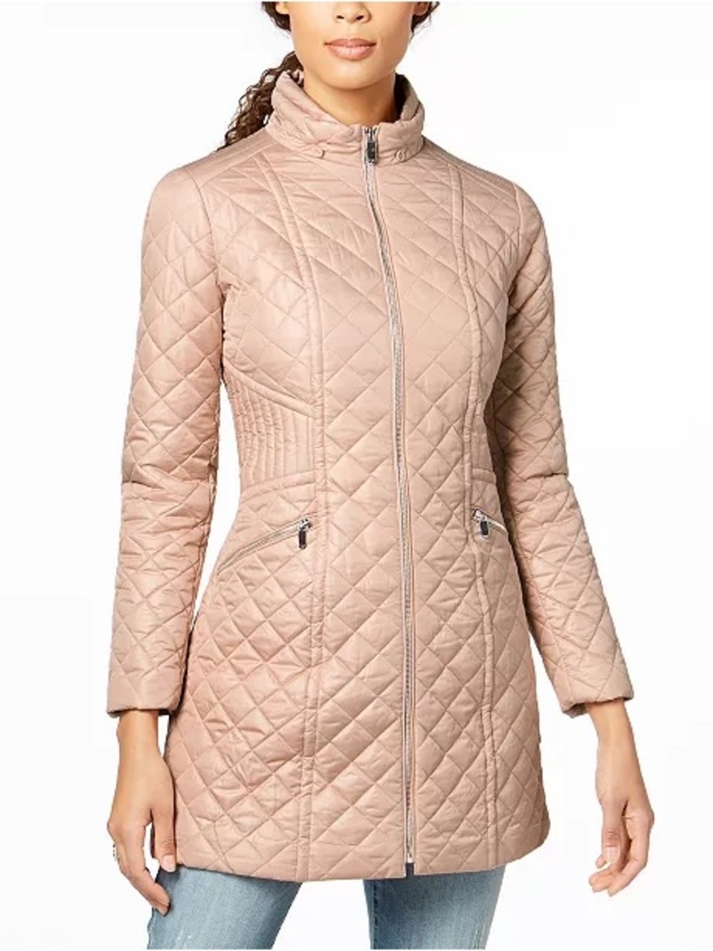 Quilted Long Zip-Front Jacket in Blush